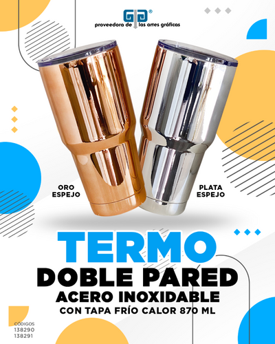TERMO DOBLE PARED ACERO INOXIDABLE  PLATAESPEJO C/TAPA FR CAL 870ML