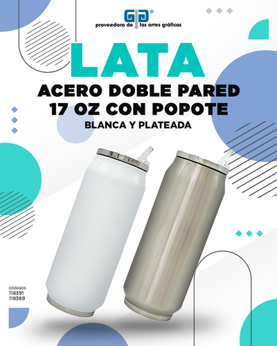 LATA DE ALUMINIO DOBLE PARED INOXIDABLE CON POPOTE 17 OZ 500 ML