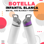 BOTELLA DE ALUMINIO INFANTIL BLANCA CON ARO DE COLOR 600 ML