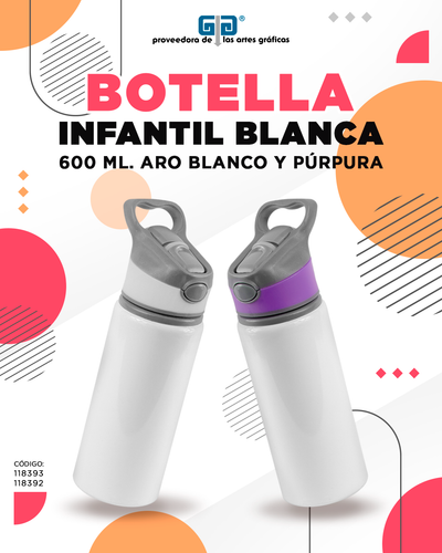 BOTELLA DE ALUMINIO INFANTIL BLANCA CON ARO DE COLOR 600 ML