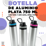 BOTELLA DE ALUMINIO PLATA CON TAPA Y ARO COLORES 750 ML