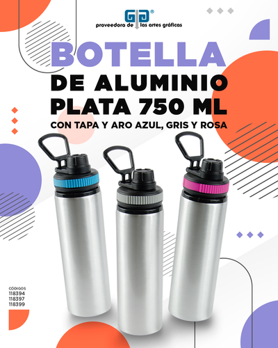 BOTELLA DE ALUMINIO PLATA CON TAPA Y ARO COLORES 750 ML