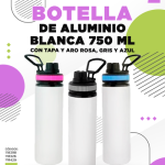 BOTELLA DE ALUMINIO BLANCA 750 ML CON TAPA Y ARO DE COLOR