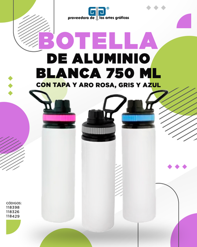 BOTELLA DE ALUMINIO BLANCA 750 ML CON TAPA Y ARO DE COLOR