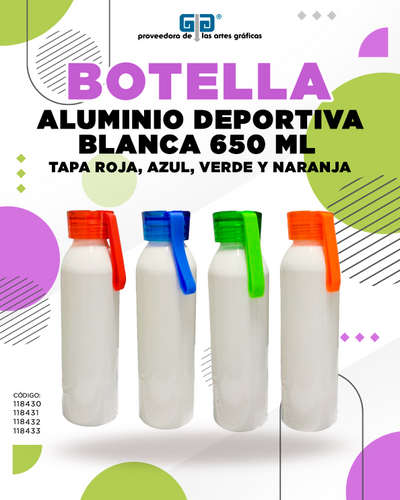 BOTELLA DE ALUMINIO BLANCA DEPORTIVA PORTABLE 650 ML COLORES