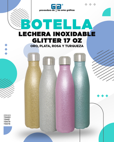 BOTELLA DE ALUMINIO TIPO LECHERA GLITTER COLORES 500 ML