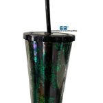 VASO LIKY VERDE GLITTER DOBLE FONDO TAPA Y POPOTE NEGRO