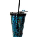 VASO LIKY AZUL GLITTER DOBLE FONDO TAPA Y POPOTE NEGRO