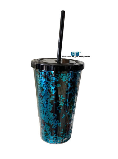 VASO LIKY AZUL GLITTER DOBLE FONDO TAPA Y POPOTE NEGRO