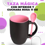 TAZA MAGICA NEGRA INTERIOR Y CUCHARA ROSA 11 OZ