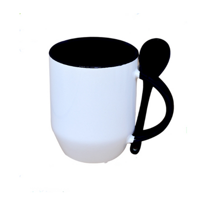 TAZA BLANCA CON CUCHARA 11 OZ NEGRO FONDO OVALADO PARA SUBLIMAR SUBLIMACION ENCOGRAPHICS