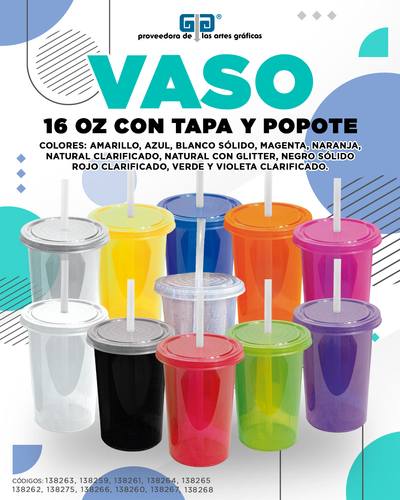 VASO CAPI 16 OZ VASO Y TAPA MISMO COLOR, POPOTE NATURAL, VARIEDAD EN COLORES
