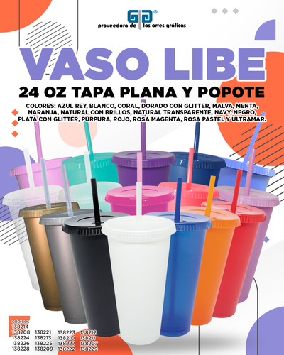 VASO LIBE 24 OZ TAPA PLANA Y POPOTE VARIEDAD EN COLORES