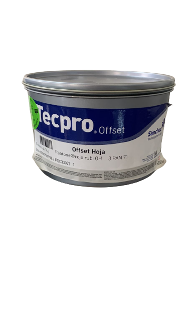 TINTA PARA PRENSA OFFSET COLOR	ROJO RUBI CLAVE	3 PAN 71	CONTENIDO 1 KG MARCA	TECPRO SANCHEZ	PRODUCCION EN MEXICO