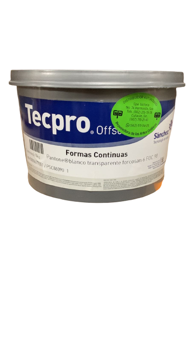TINTA PARA PRENSA OFFSET COLOR	BLANCO TRANSPARENTE FORCOSAN CLAVE 6 FOC 90	CONTENIDO 1 KG	MARCA	TECPRO SANCHEZ	PRODUCCION EN MEXICO